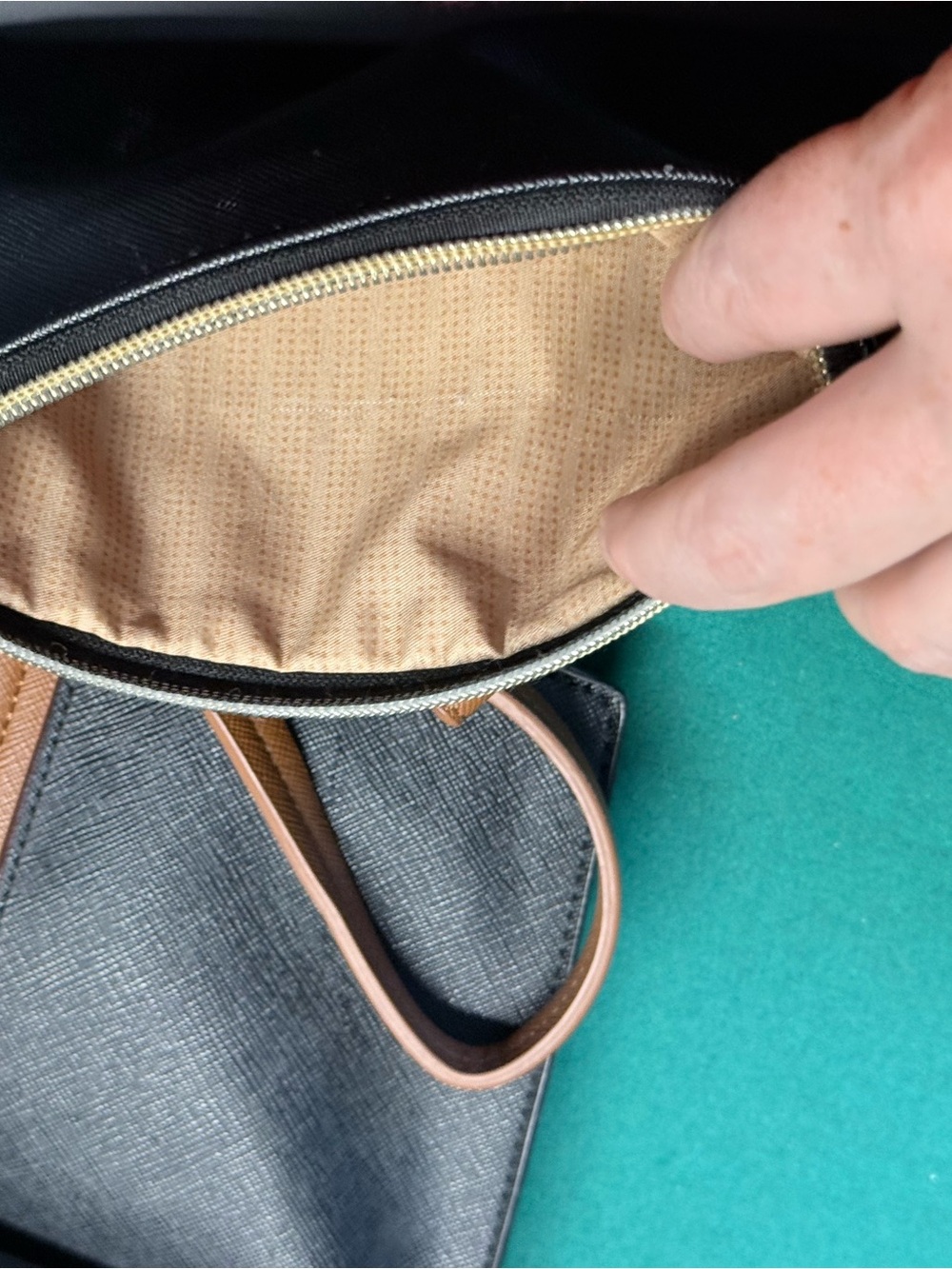 Structured Black purse Bag with Tan Trim and Beige Interior/wallet included